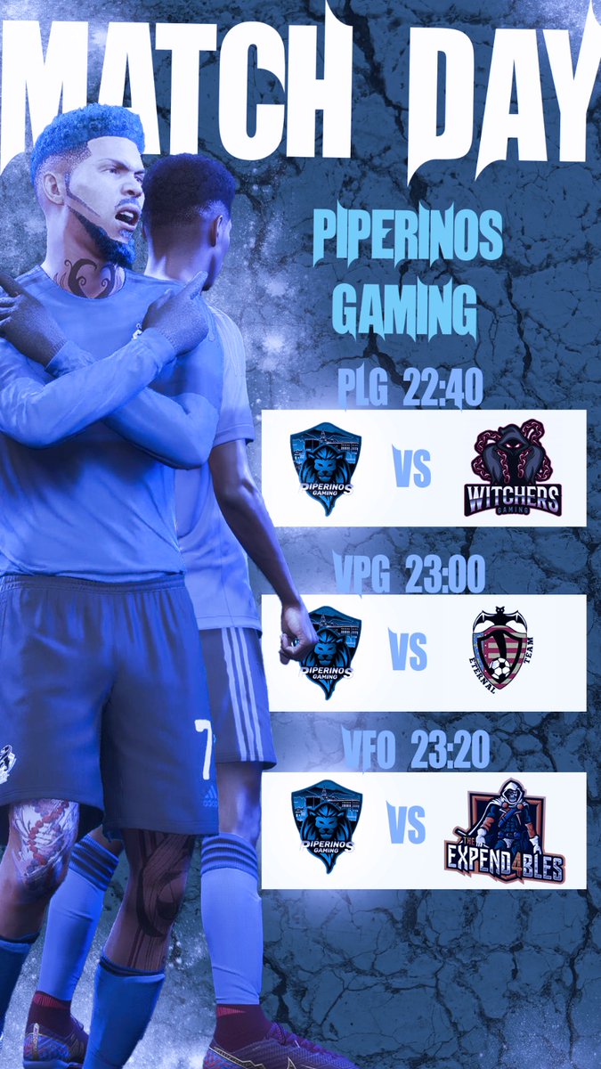 ⚽️MATCHDAY⚽️

🏆 | J12 @PLGeFootBall
🆚 | @WITCHERSGAMING
⌚ | 22:40

🏆 | J11 <a href="/VPG_Spain/">Virtual Pro Gaming España</a>
🆚 | @EternalLegendse
⌚ | 23:00

🏆 | J13 <a href="/VFOspain/">VFO España</a>
🆚 | <a href="/TH4_Spain/">THE EXPEND4BLES</a>
⌚ | 23:20

🎙️ Retransmitimos los partidos en:
youtube.com/@piperinosgami…

⚔️🛡️ #BlueLions #RugidoNazari #GoPiperinos