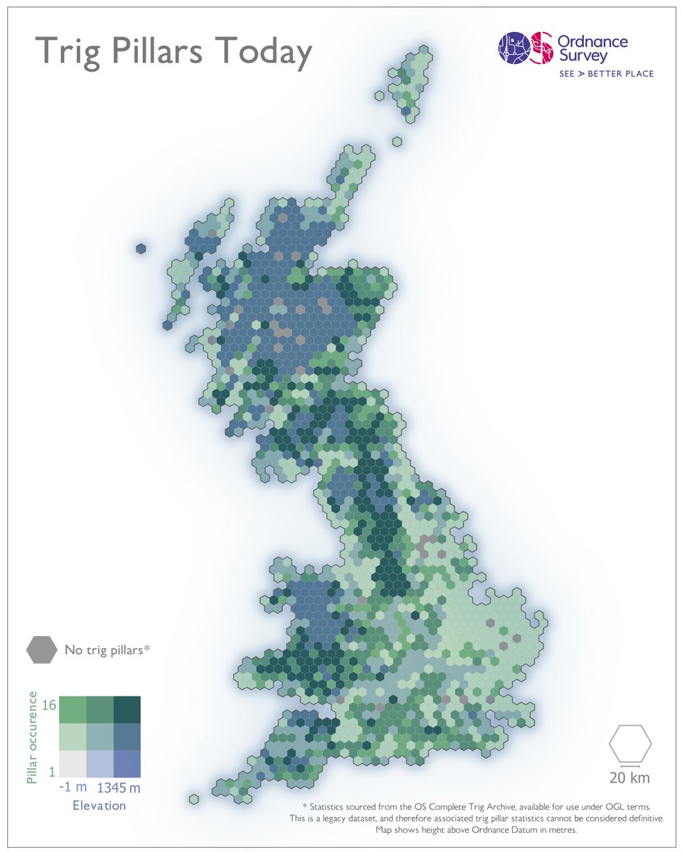 Created using the OS Complete Trig Archive (a legacy dataset), this gridded cartogram explores the relationship between areas with the most trig pillars and their elevation. Can you use the legend to spot mountainous areas?

#TrigWeek #OrdnanceSurvey #SeeABetterPlace