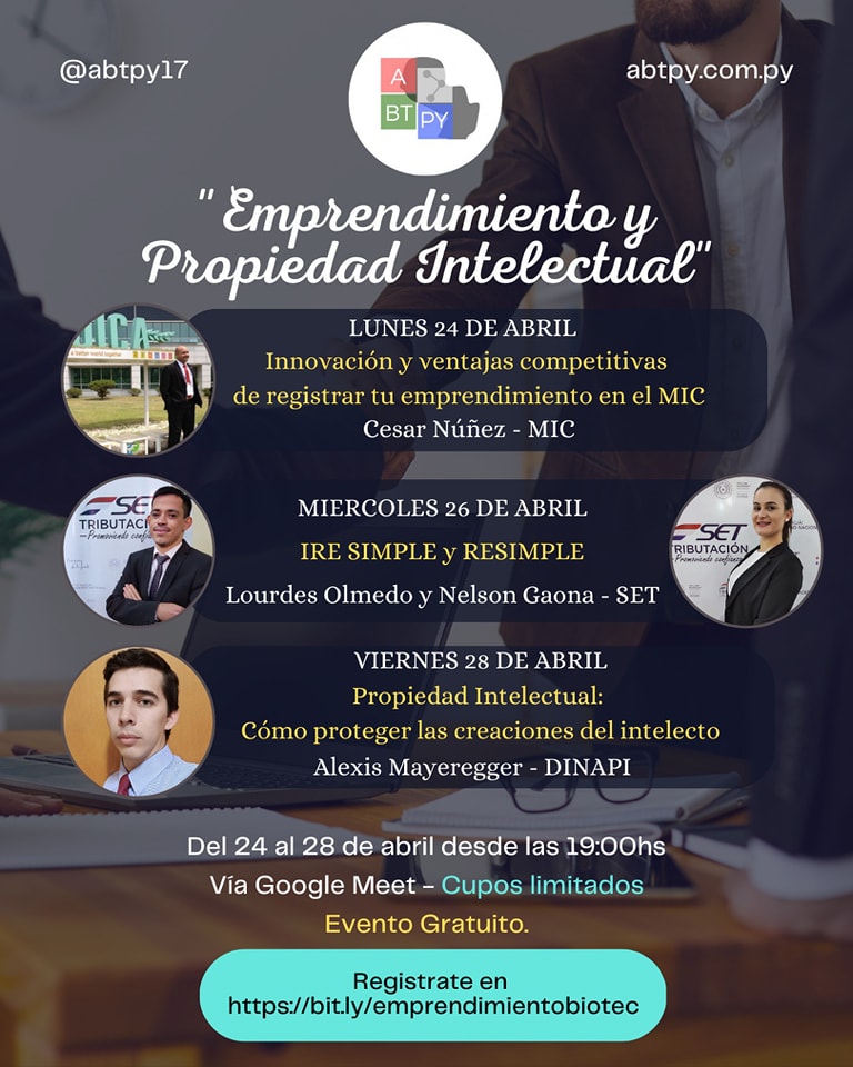 BiotecPy's tweet photo. ¡Saludos a todos!

Compartimos con ustedes los disertantes en nuestra evento "Emprendimiento y Propiedad Intelectual"

Este evento está abierto a todos los emprendedores y al público en general libre se costo.

La obtención del certificado es opcional y tendrá un costo de 20.000 https://t.co/ER4lFKNHMm