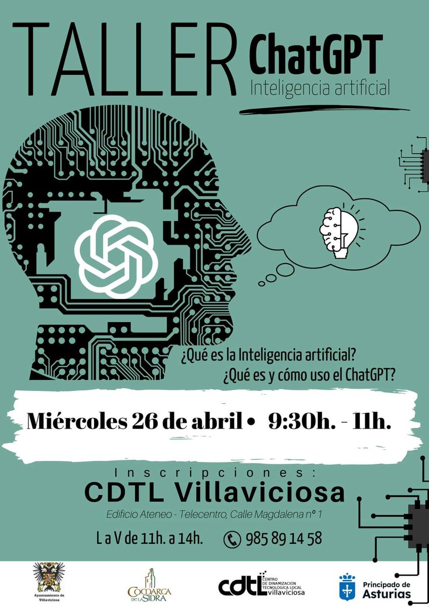 cdtlvilla's tweet photo. 🧐🤔¿Curiosidad por el ChatGPT?. 💬
🗣Si quieres saber qué es y cómo usarlo, apúntate a este taller.
📝Inscripciones en el propio Telecentro (L a V de 11h. a 14h.), situado en la planta baja del Edificio del Ateneo.
#CDTL #Telecentro #Villaviciosa https://t.co/M93TzlKEkh