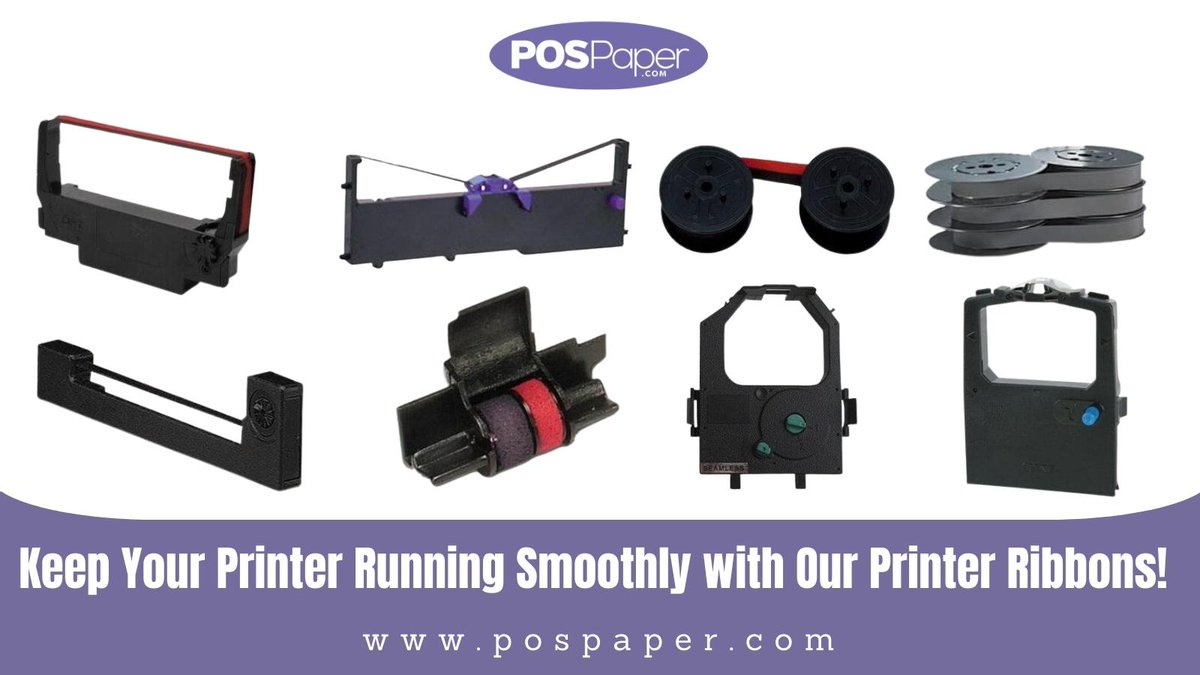 pos_paper_'s tweet photo. Upgrade your printing game with our top-quality printer ribbons! Perfect for receipts, invoices, and more. Say goodbye to faded prints and hello to professional-looking documents. Check out our collection now! #printerribbons #officeessentials https://t.co/GnQ7lsaKmK https://t.co/kaUbcQjB8N