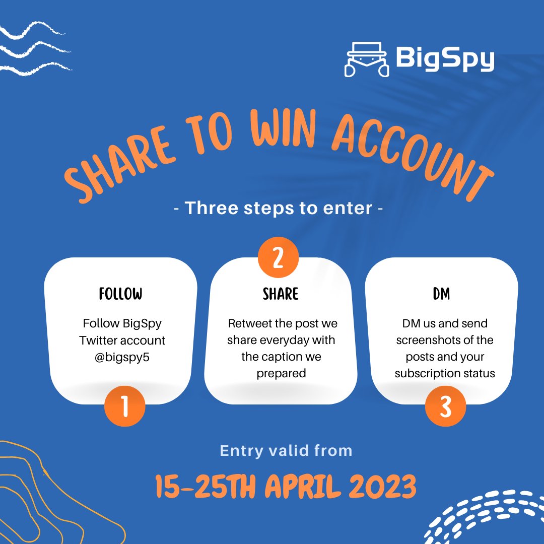 BigSpyOfficial's tweet photo. #sharetowinaccount #day5​
❇️ Quick entry!
1️⃣ Follow @BigSpy5 , like &amp; retweet the post.
2️⃣ DM us and send the screenshots. 

🥂 You're almost there! Share one more post right now. 
#Giveaways #gifts #Twitter #freegift #SaaS  #Advertising #tools https://t.co/b3ZGNAJIvg