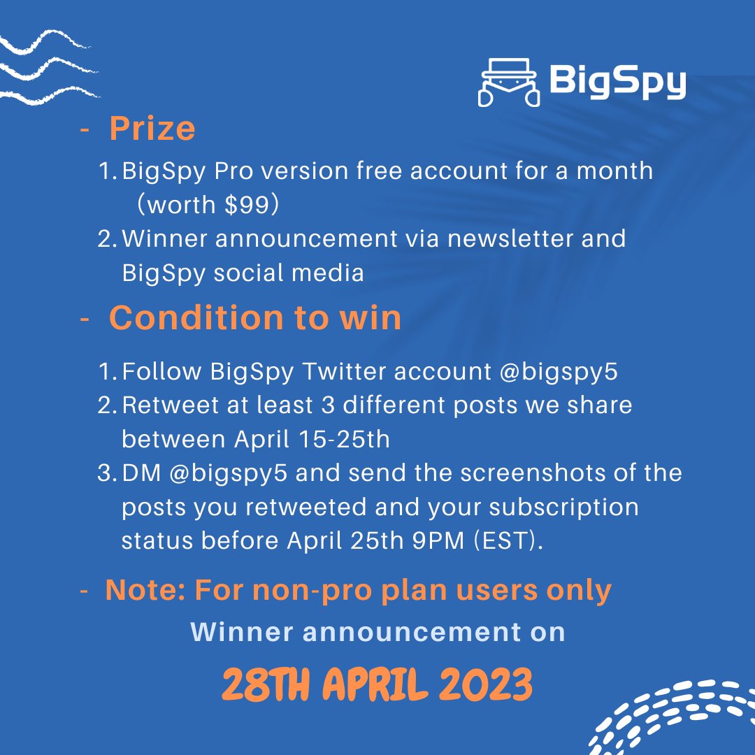 BigSpyOfficial's tweet photo. #sharetowinaccount #day5​
❇️ Quick entry!
1️⃣ Follow @BigSpy5 , like &amp; retweet the post.
2️⃣ DM us and send the screenshots. 

🥂 You're almost there! Share one more post right now. 
#Giveaways #gifts #Twitter #freegift #SaaS  #Advertising #tools https://t.co/b3ZGNAJIvg