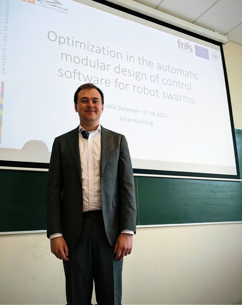 IRIDIA_ULB's tweet photo. Congratulations to Jonas Kuckling (@jonaskuResearch) who successfully defended his PhD thesis "Optimization in the automatic modular design of control software for robot swarms". Great job Dr. Kuckling! https://t.co/bkmC6CEXQc
