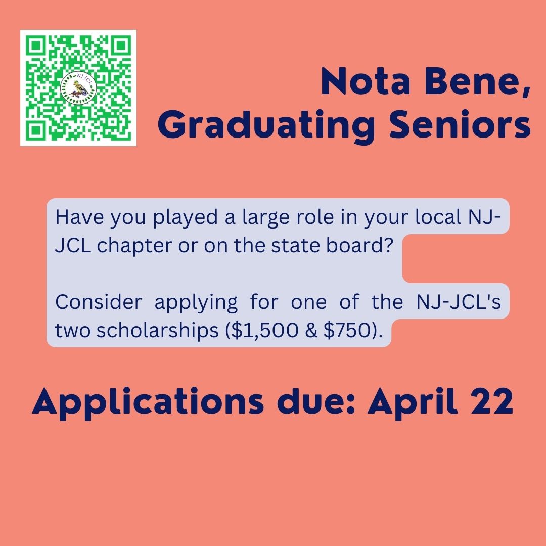 njjcl_'s tweet photo. Nota Bene:
The deadline to submit NJ-JCL scholarship and Most Active Latin Club Award applications is this Saturday, April 22. https://t.co/NkbtcN2rhZ