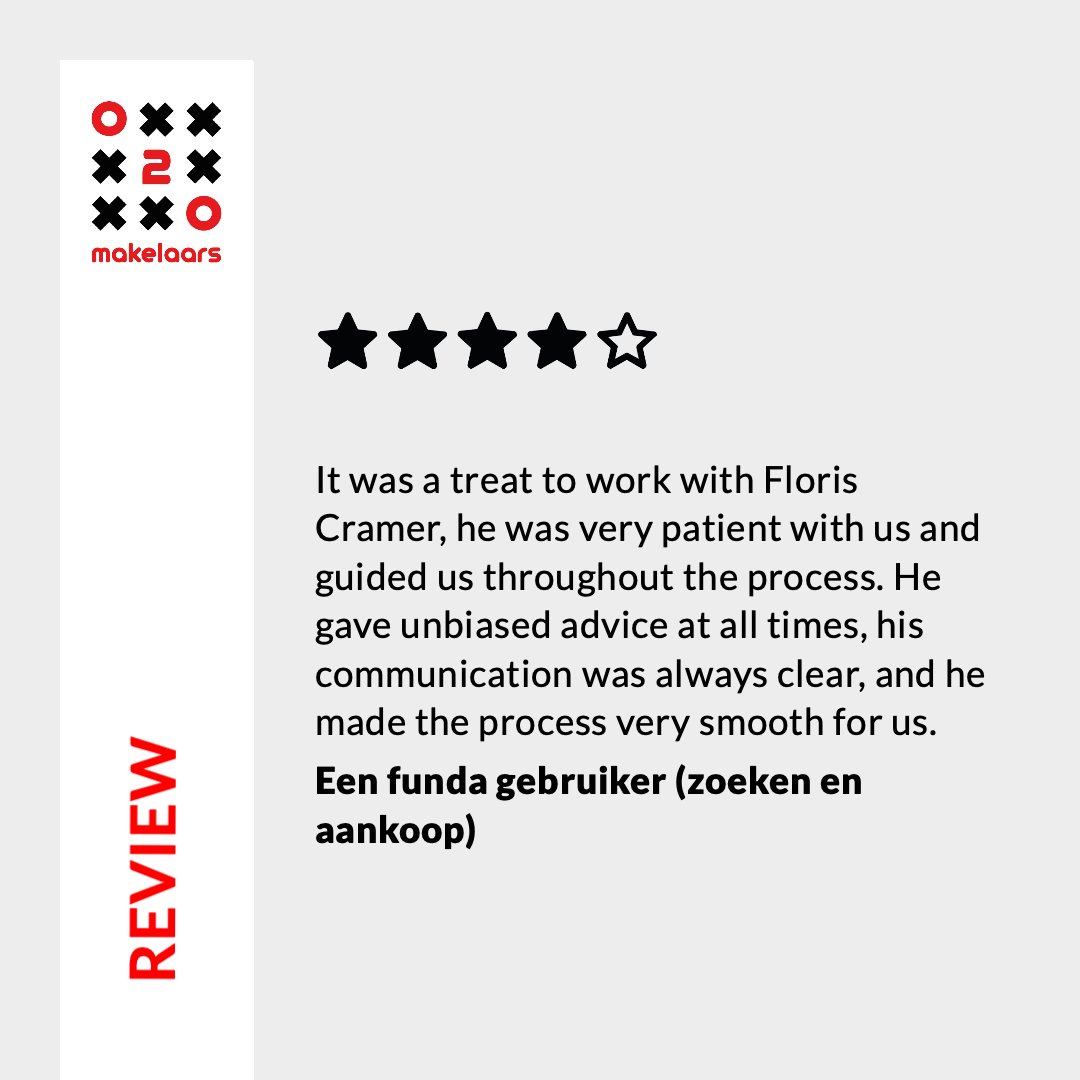 020makelaars's tweet photo. Een funda gebruiker (zoeken en aankoop): “It was a treat to work with Floris Cramer, he was very patient with us and guided us throughout the process. He gave unbiased advice at all times, his communication was always clear, and he made the process very smooth for https://t.co/eN4d19EsF2