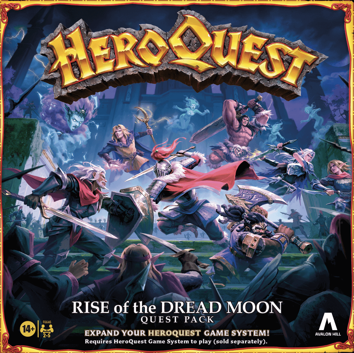 AvalonHill's tweet photo. The Dread Moon is nearing its zenith! On 7/15, the latest HeroQuest expansion, Rise of the Dread Moon, will be available in the following languages: English, Spanish, French, German, and Italian. Follow us for updates! https://t.co/rZBJYtnmRe