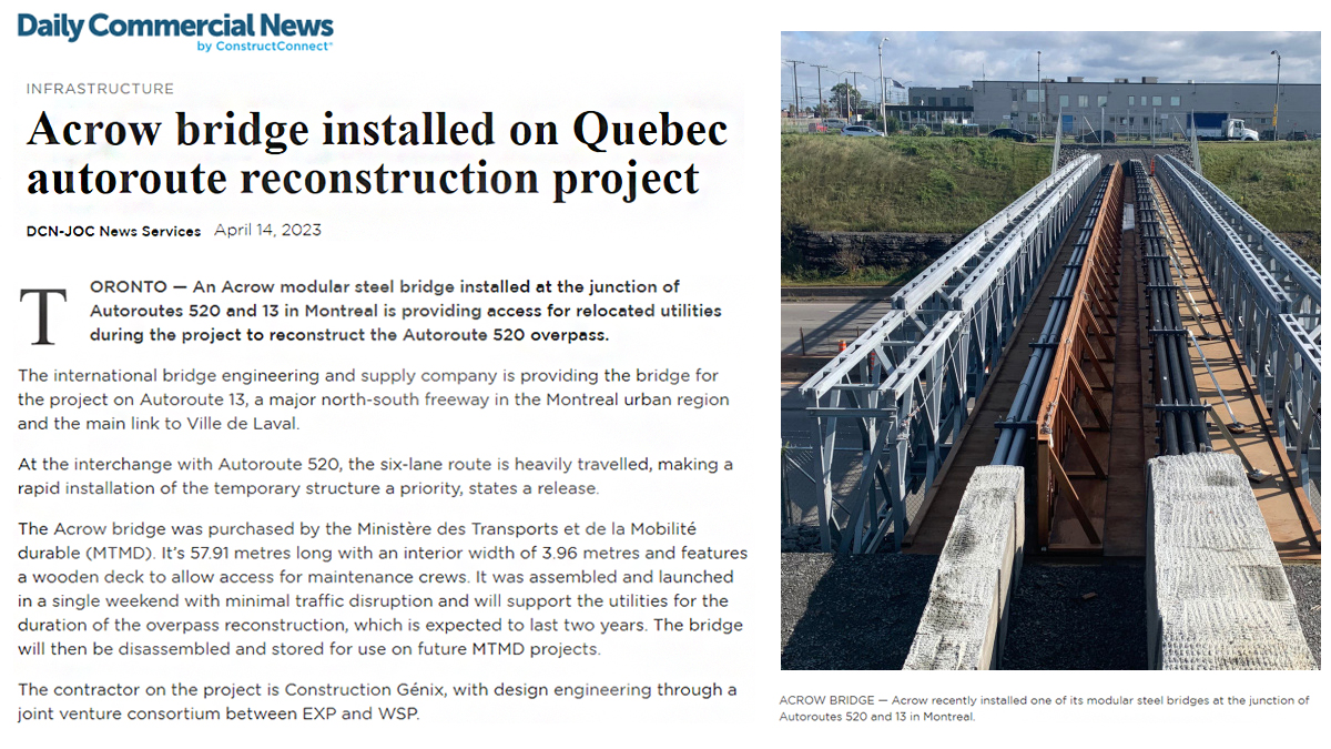 CTAOnt's tweet photo. #UnderConstruction

The #Acrow modular steel bridge (purchased by MTMD) allows for maintenance and utility crews to work safely during the Autoroute 13 &amp; 520 reconstruction. The Bridge can then be stored away for future uses. 

Read here: https://t.co/cCJbGAwerd https://t.co/VXsBBl2ZA4