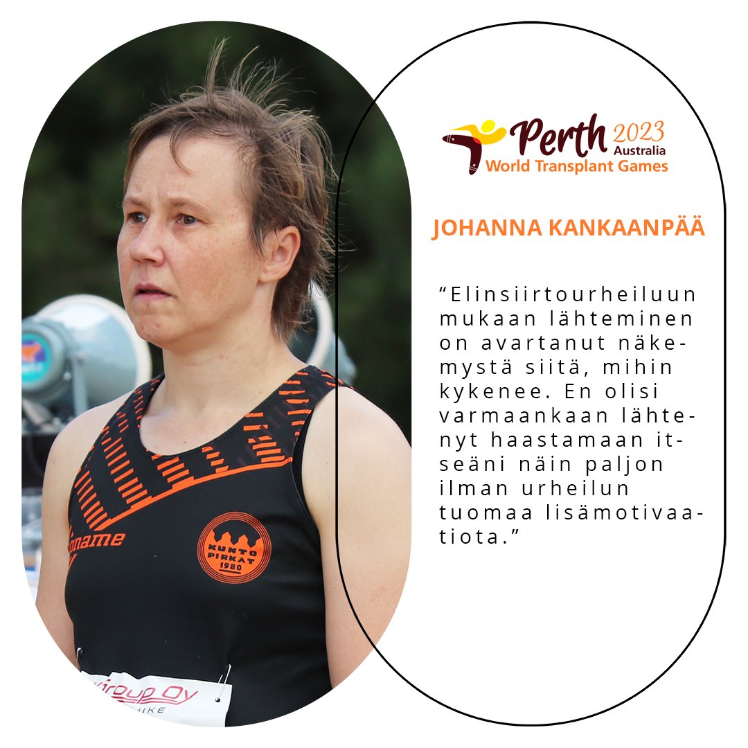 FinnParalympic's tweet photo. Tamperelainen Johanna Kankaanpää kilpailee torstaina ja perjantaina yleisurheilukilpailuissa elinsiirron saaneiden MM-kilpailuissa Australian Perthissä.
Tutustu Johannaan ja koko Suomen 8 urheilijan joukkueeseen: https://t.co/C5G7vCZiIO
#elinsiirtourheilu #Perth2023 https://t.co/lRxtDhPmOJ