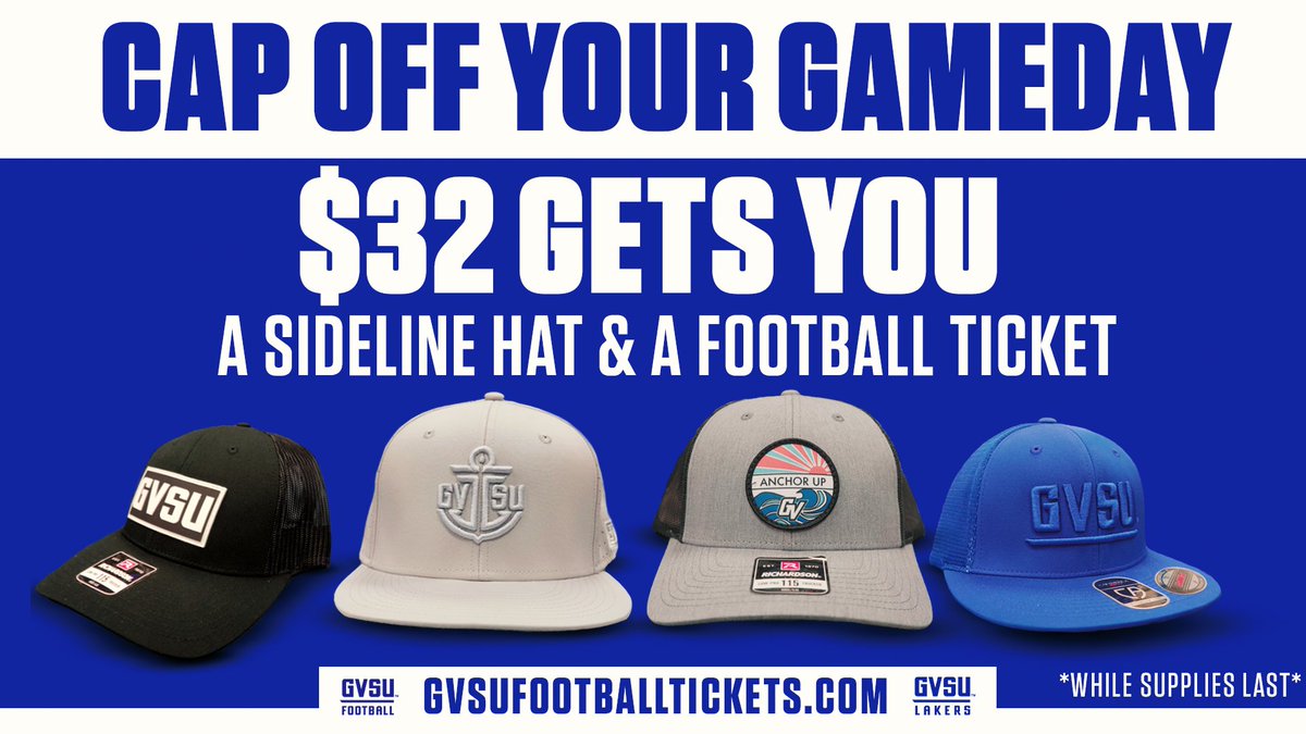 GVSUSPORTS's tweet photo. Cap Off your @gvsufootball  gameday and wear what the players wear!
For a limited time, get an official sideline hat and a football ticket for only $32
Choose your hat and game below
https://t.co/8Ujp3vyp6y https://t.co/qr0Qh5MKC0