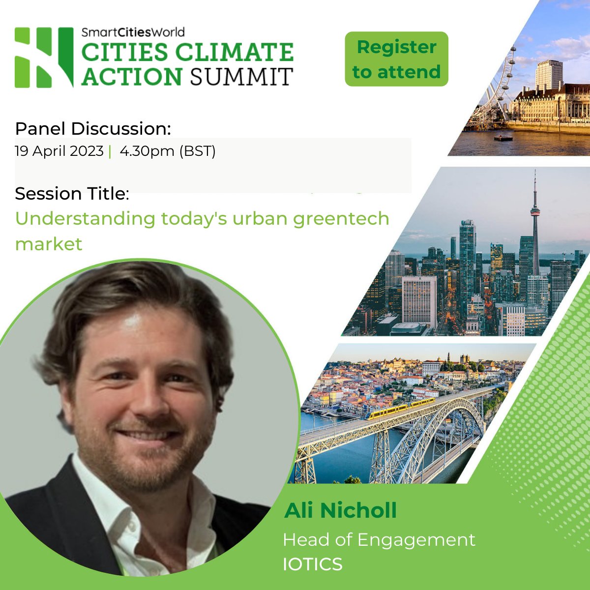Iotics_News's tweet photo. #CCAS23 @SmartCitiesW Action Summit 2023. Today at 4.30pm, don't miss the panel discussion: Understanding today's urban Greentech Market featuring @AC_Nicholl, Head of Engagement at IOTICS. Come along to our booth and meet the team. https://t.co/EWOTieswMR