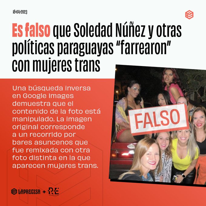 RevistaEmancipa's tweet photo. Revista Emancipa en colaboración con @eslaprecisa  realizó el chequeo de una selfie de la candidata a vicepresidenta Soledad Núñez, durante un recorrido nocturno en el que supuestamente posaba con mujeres trans. https://t.co/B9hZmUQMo5