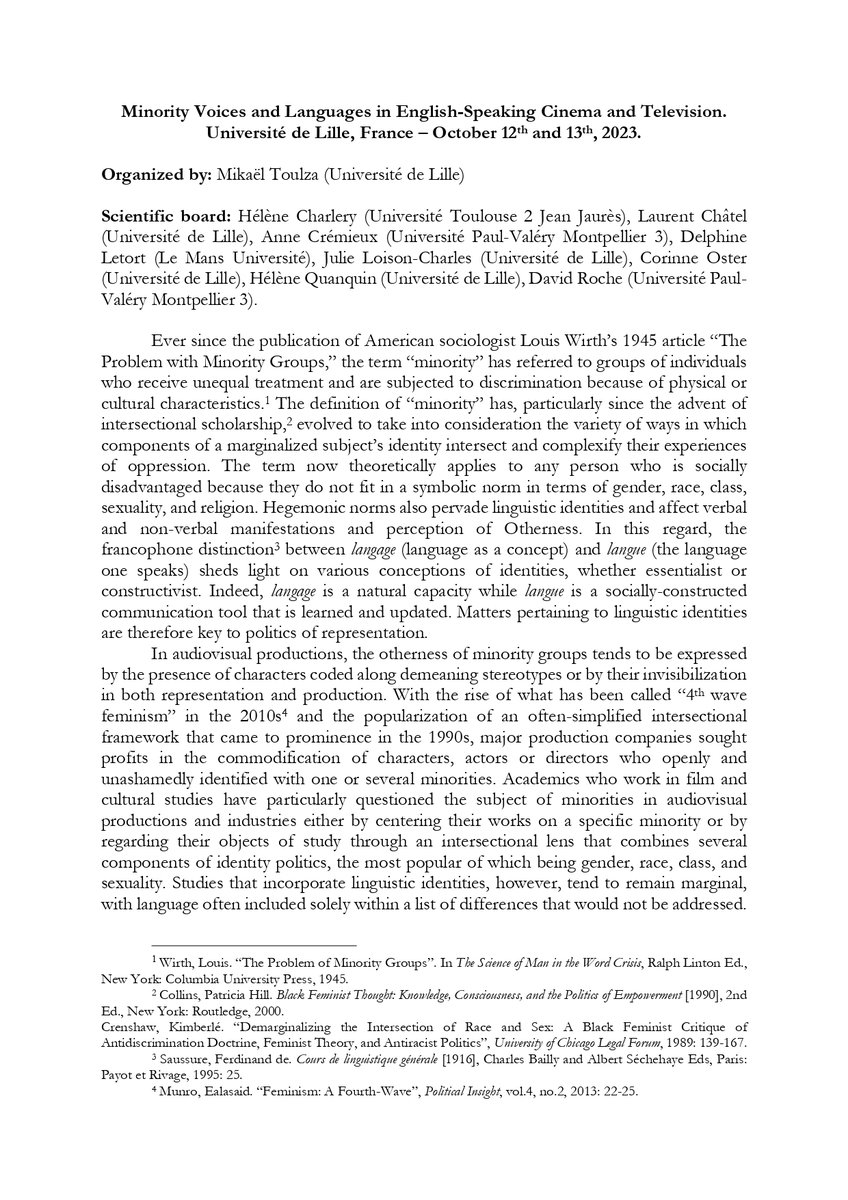 CECILLE_ULille's tweet photo. [CFP] 
Minority Voices and Languages in English-Speaking Cinema and Television
@univ_lille 12-13.10.23 de Lille
Org. @MikaToulza 
deadline for proposals: 19.06.23 https://t.co/hMvKamlyns