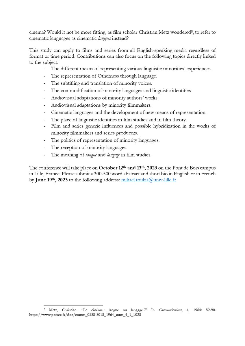 CECILLE_ULille's tweet photo. [CFP] 
Minority Voices and Languages in English-Speaking Cinema and Television
@univ_lille 12-13.10.23 de Lille
Org. @MikaToulza 
deadline for proposals: 19.06.23 https://t.co/hMvKamlyns