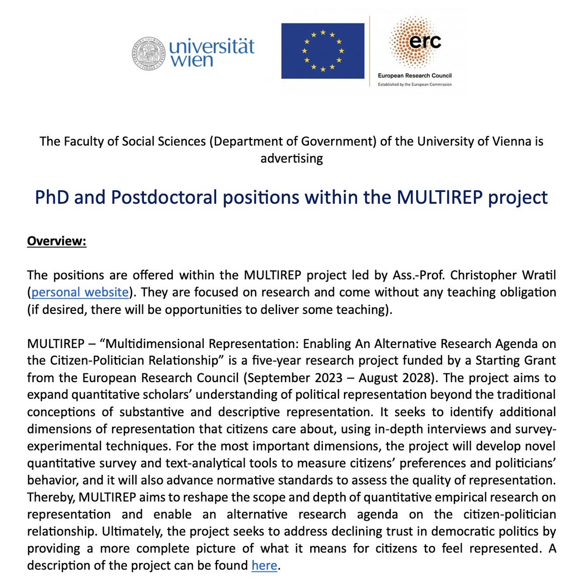 Only five days left to apply for doctoral and postdoctoral positions in the MULTIREP ERC 👇. If you are passionate about political representation and want to study it (also) beyond descriptive and substantive representation, apply and join us at the University of Vienna!