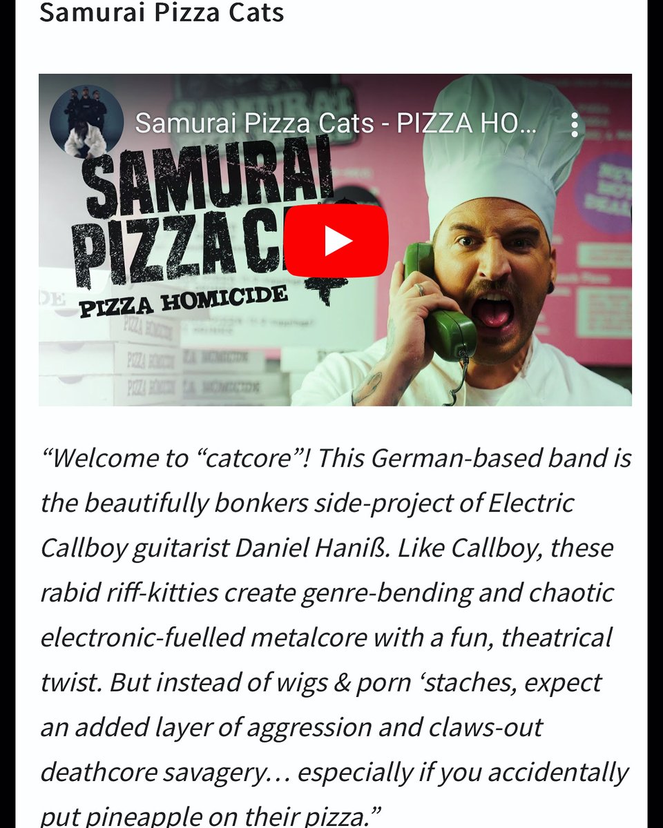 LuovaPR's tweet photo. Shoutout to SAMURAI PIZZA CATS who are part of the new @rocksound feature - New Discoveries! 

#rocksound #samuraipizzacats #pizzahomicide #electriccallboy #easthavenrecords #exactmanagement #danskimo #nicosallach https://t.co/KJgxeKwWVj