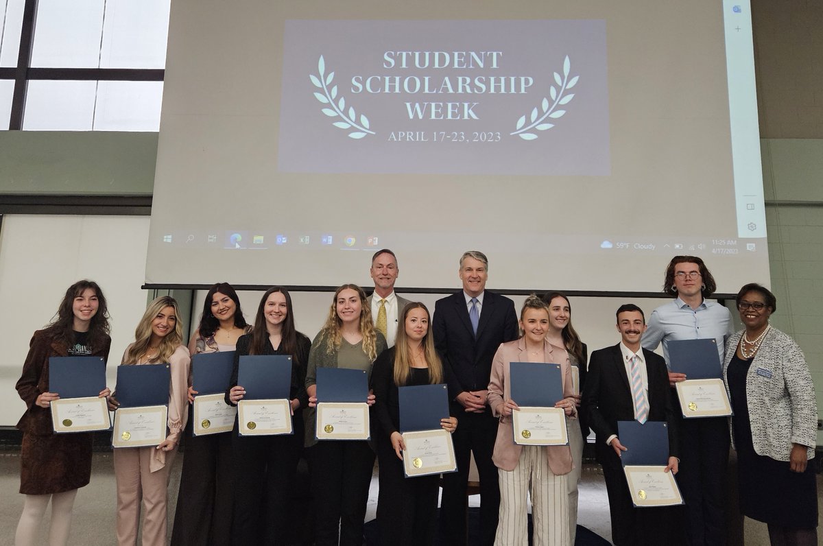 Pictured here are the students who gave Hawk Talks on Monday. Follow this link monmouth.edu/provost/studen… for today's Student Scholarship Week activities, focused on school, department and program events across campus. <a href="/monmouthu/">Monmouth University</a>