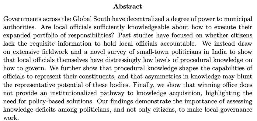Adam Auerbach (@adam_m_auerbach) on Twitter photo Are elected officials in municipal governments knowledgeable about their role & responsibilities? How does such knowledge shape efficacy in representation? In a new paper, <a href="/tariqthachil/">Tariq Thachil</a>, <a href="/shikhar_46/">Shikhar Singh</a>, and I examine these questions in India's small towns: osf.io/78eyd 🧵 Are elected officials in municipal governments knowledgeable about their role & responsibilities? How does such knowledge shape efficacy in representation? In a new paper, <a href="/tariqthachil/">Tariq Thachil</a>, <a href="/shikhar_46/">Shikhar Singh</a>, and I examine these questions in India's small towns: osf.io/78eyd 🧵