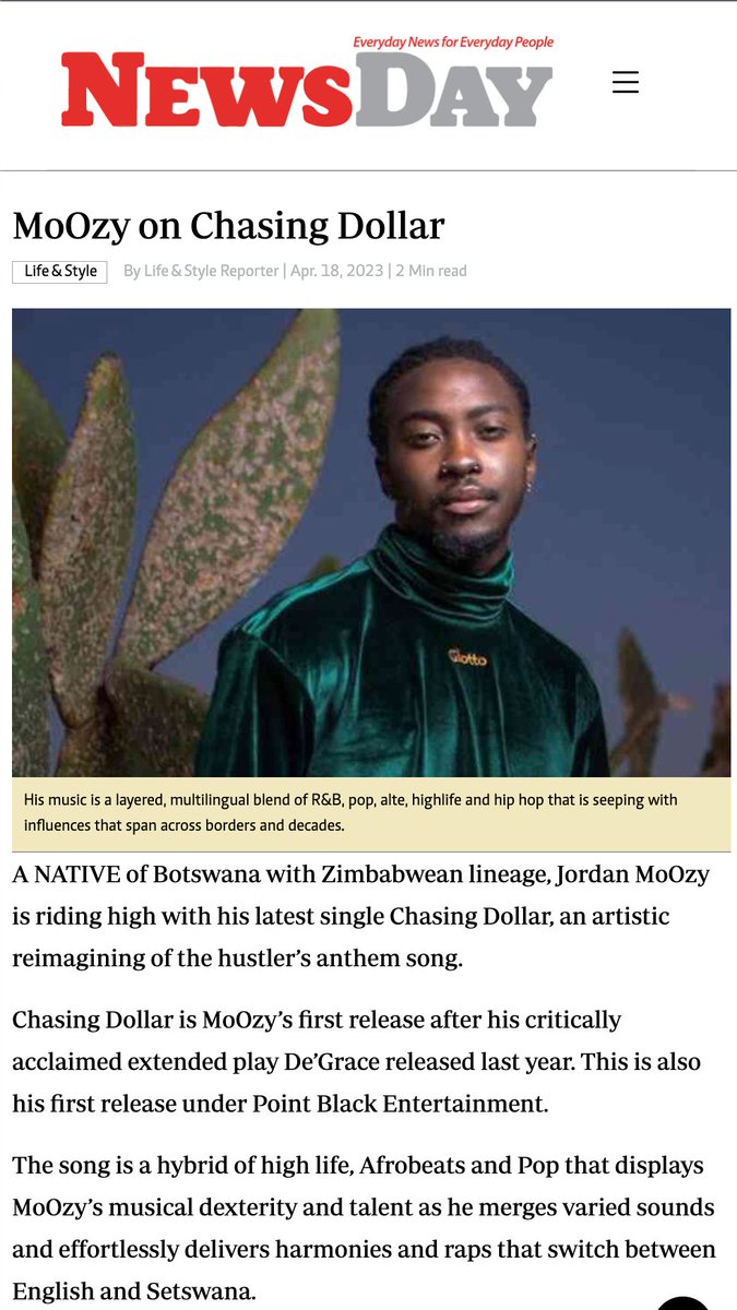 PBlackAfrica's tweet photo. Thanks to @NewsDayZimbabwe for featuring @jordanmoozy in today's paper #ChasingDollar https://t.co/St5vxmhcA8 https://t.co/p6CsMS7M55