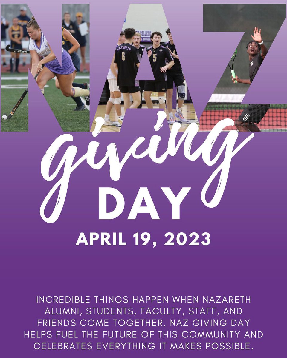 NazAthletics's tweet photo. TODAY is the day to show your support for Nazareth - it’s #NazGivingDay! Let’s have a day Naz!! Visit https://t.co/leRGWUB5Nt to make your gift. #WeAreNaz https://t.co/NIm9E0ES5q
