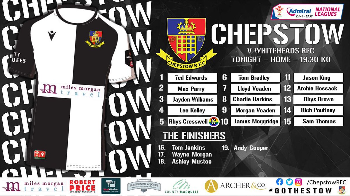 CHEPSTOWRFC's tweet photo. 🚨 WEDNESDAY NIGHT LIGHTS 🚨 

Here is our team to take on @Edds_Official tonight in a rearranged league fixture 👊 

Come and support the boys in the evening sunshine as we look to stay unbeaten in the league 🤞

#GOTHESTOW https://t.co/SCkQGrWFaa
