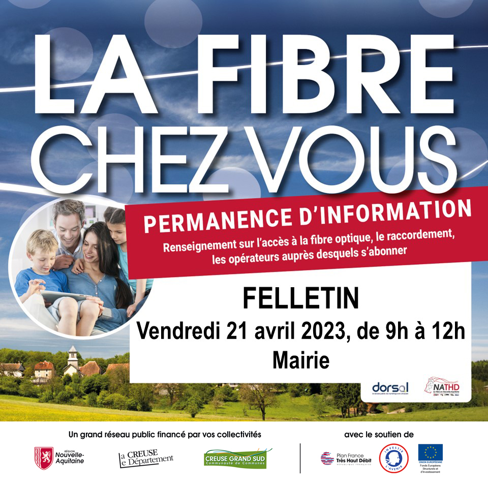 CreuseGrandSud's tweet photo. [Déploiement de la fibre sur Felletin] - Permanence d'information 📷 Pour vous renseigner sur votre accès à la Fibre 📆 VENDREDI 21 AVRIL de 9h à 12h📍 à la mairie de #Felletin

#fibre @DORSAL_Syndicat  #NATHD https://t.co/1qiMupMyXA