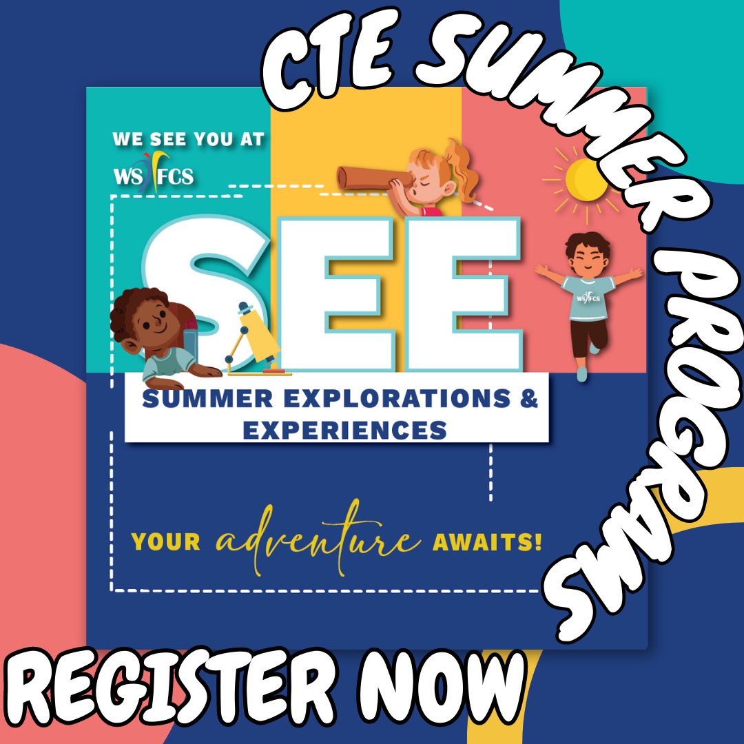 wsfcs's tweet photo. Middle and High School Career &amp; Technical Education (CTE) Summer Camp Programs are now open for registration for our SEE Summer Explorations &amp; Experiences Programs.

visit https://t.co/VJ9e773Z4z for details &amp; to register

#wsfcs #WSFCSSummerPrograms @WSFCSCTE https://t.co/VlAta72zpl