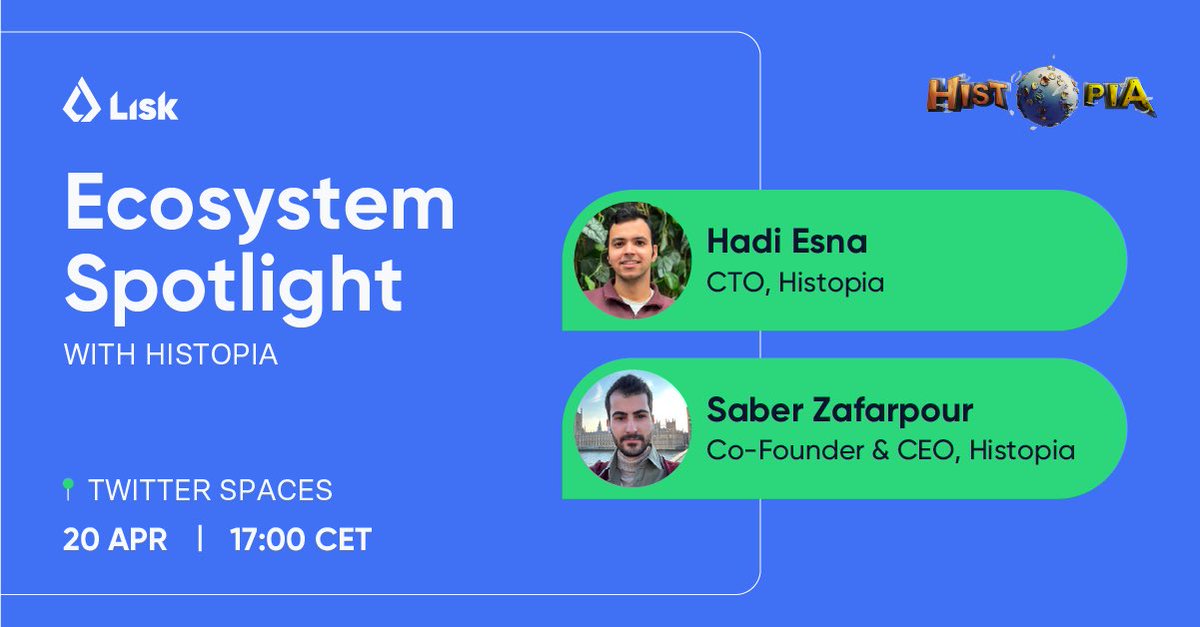 Lisk's tweet photo. 🔔 Join our Twitter Spaces tomorrow to meet @Histopia_io crew. 

Histopia is the #Lisk Grant Program project, developing Multi-chain #metaverse with the Lisk SDK.

⏰ Save the date: 20 Apr, 17.00 CET.
👉🏻 https://t.co/NA8jJQZhOb https://t.co/RhzNhac6nx