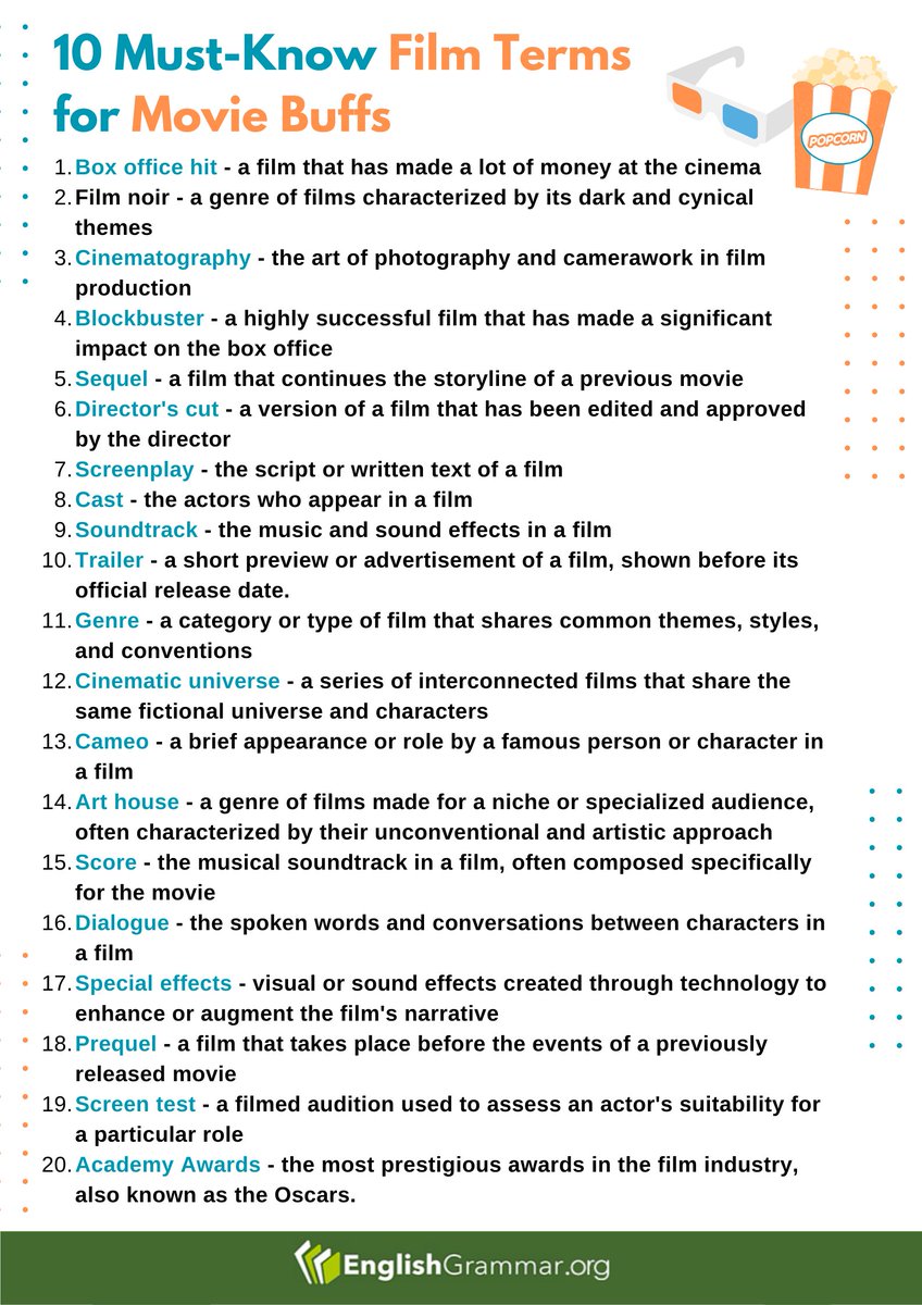GrammarUpdates's tweet photo. Are you a movie buff?
Expand your vocabulary and cinephile status with these 10 film-related terms. Lights, camera, grammar! 🎥📝🤓 #EnglishGrammar #VocabularyBoost #FilmTerms https://t.co/xQUvDWWCXD