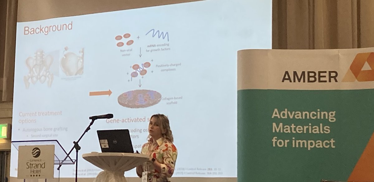 TissueEngDublin's tweet photo. @_KatieMcC_ presenting the research down as part of her PhD in the ‘Development of a pro-osteogenic and pro-angiogenic mRNA-activated scaffold for bone repair’ today at the @ambercentre conference!
#AMBERConf23 https://t.co/F9kdaG0Z6S