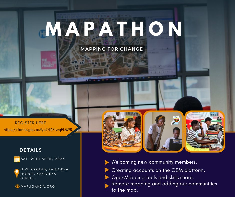 📢Registration is open for the <a href="/osmuganda/">OpenStreetMap Uganda</a> April #mapathon.

Join us next week on Saturday 29th of April, 2023 from 9:00AM to 12NOON EAT for a session on sharing #openmapping skills with the community.

Click on the link below to register your athendance
forms.gle/kVBxkGx3NcZ4sd…
