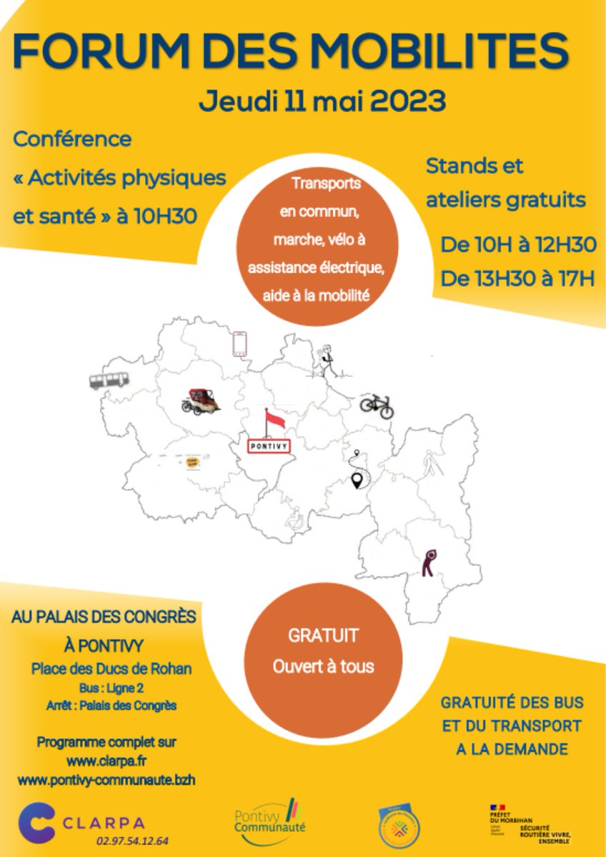 Le CLARPA avec Pontivy Communauté, organise son 2ème Forum des mobilités le jeudi 11 mai 2023, au Palais des Congrès à Pontivy.

Ce forum sera ouvert à tous mais s’adresse surtout à un public de retraités et de personnes en situation de handicap.

#pontivy #mobilité #transports