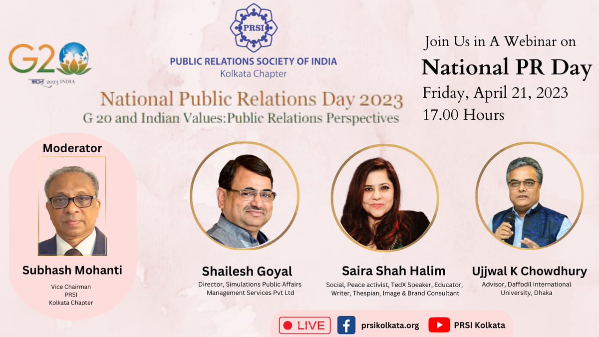 Thank you so much #PRSI-public relations society of India @ukcglobal sir for inviting me as one of the speakers for National PR Day on the 21st of April on #G20 and Indian values-public relations perspective. Look forward to the event.