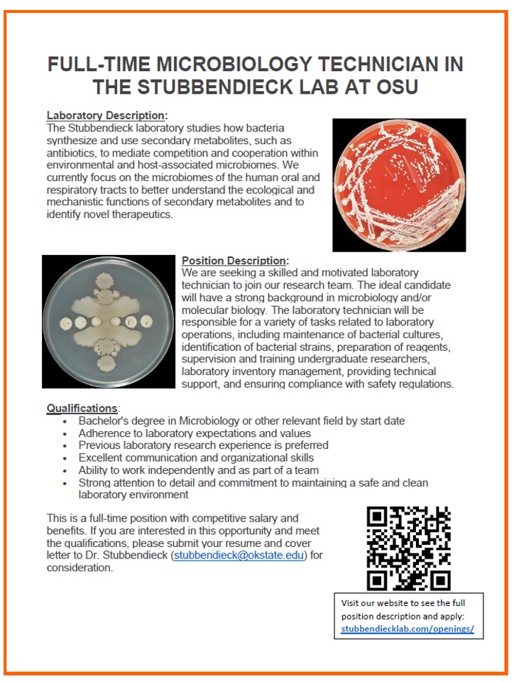 Dr. Stubbendieck's research lab in Micro department is looking for a full-time technician. For interested candidates please see the attached flyer and contact Dr. Stubbendieck.