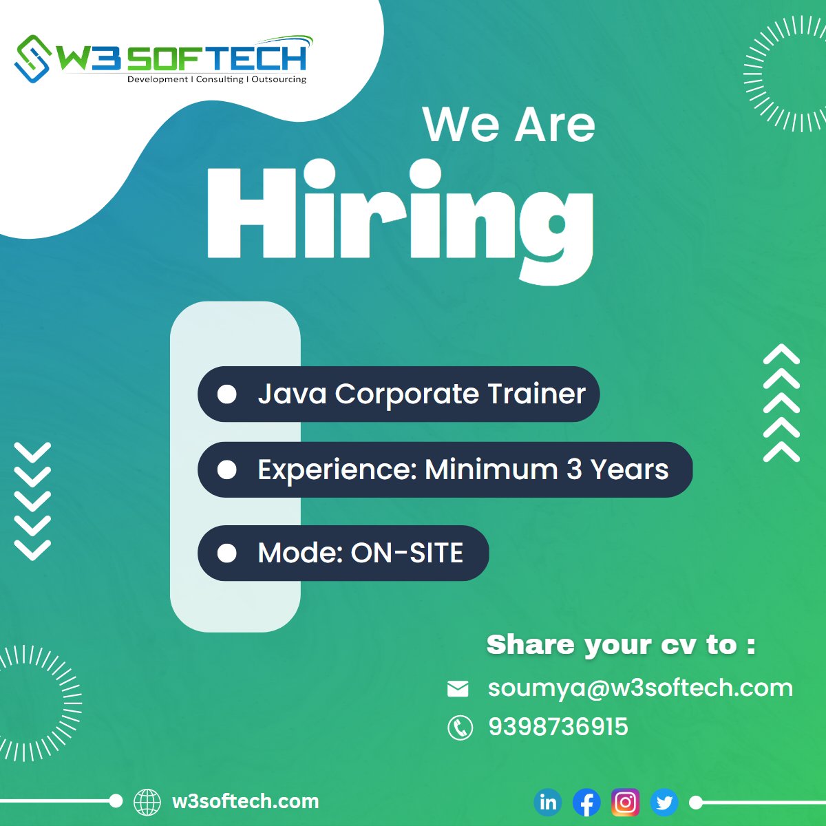 We are looking for a Java Corporate Trainer having minimum 3 years of training experience who is an immediate joiner for an IT company. Share your CV to: Email: soumya@w3softech.com Phone: 9398736915 #java #training #corporatetraining #offline