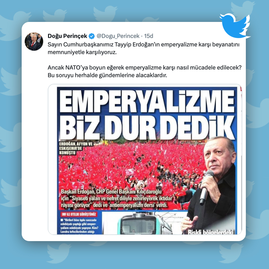 Vatan Partisi Genel Başkanı Doğu Perinçek:

❝Sayın Cumhurbaşkanımız Tayyip Erdoğan’ın emperyalizme karşı beyanatını memnuniyetle karşılıyoruz.   Ancak NATO’ya boyun eğerek emperyalizme karşı nasıl mücadele edilecek? Bu soruyu herhalde gündemlerine alacaklardır.❞