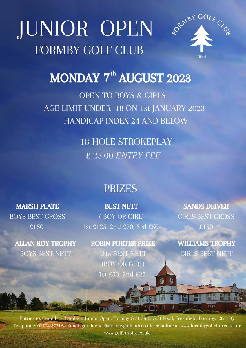 <a href="/FormbyGolfClub/">Formby Golf Club</a> Junior Mixed Open will be played on Monday August 7th.
Always a fantastic day, please see below for further details #1884