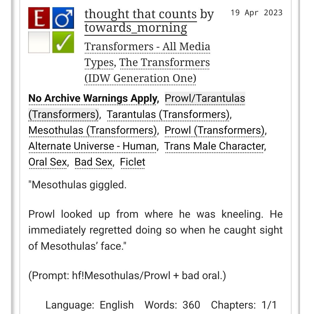 decepti_thots's tweet photo. new #valveplug ficlet on ao3 bc i decided the tara/prowl tag needs all it can get. link: https://t.co/pO6G3Vmh0R https://t.co/18KkKgMy49