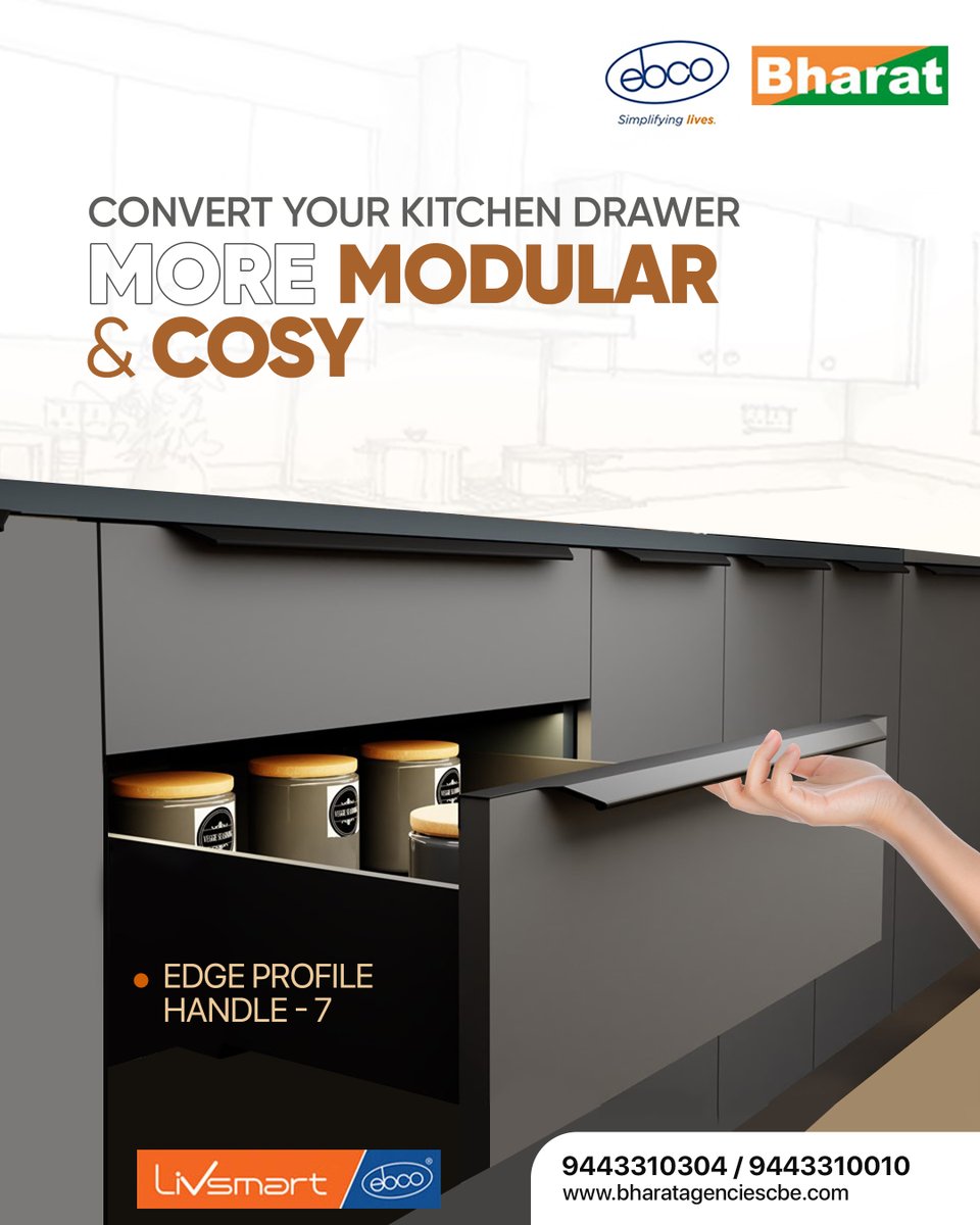 #Livsmart #EdgeProfileHandle - 7 assists you in transforming your kitchen into more modern with the finest experience

goo.gl/maps/weCZLWFme… / bharatagenciescbe.com  /9443310304

#Ebco #SimplifyingLives #LiveEffortless #Worksmart #Ebcointerior #KitchenDrawer #BharatAgencies