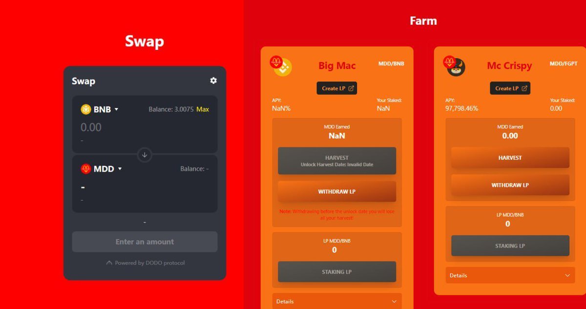 Our farm pools are now open!!!! 

menu.degendonalds.ai

With delicious APY% You can now farm $MDD with pairs $FGPT + $MDD and $MDD + BNB 

Watch the video and see how: 
t.me/DegenDonaldsAn…

Obs: Use whole numbers when staking the LP pair. ex: 1000.333 use 1000 ✅