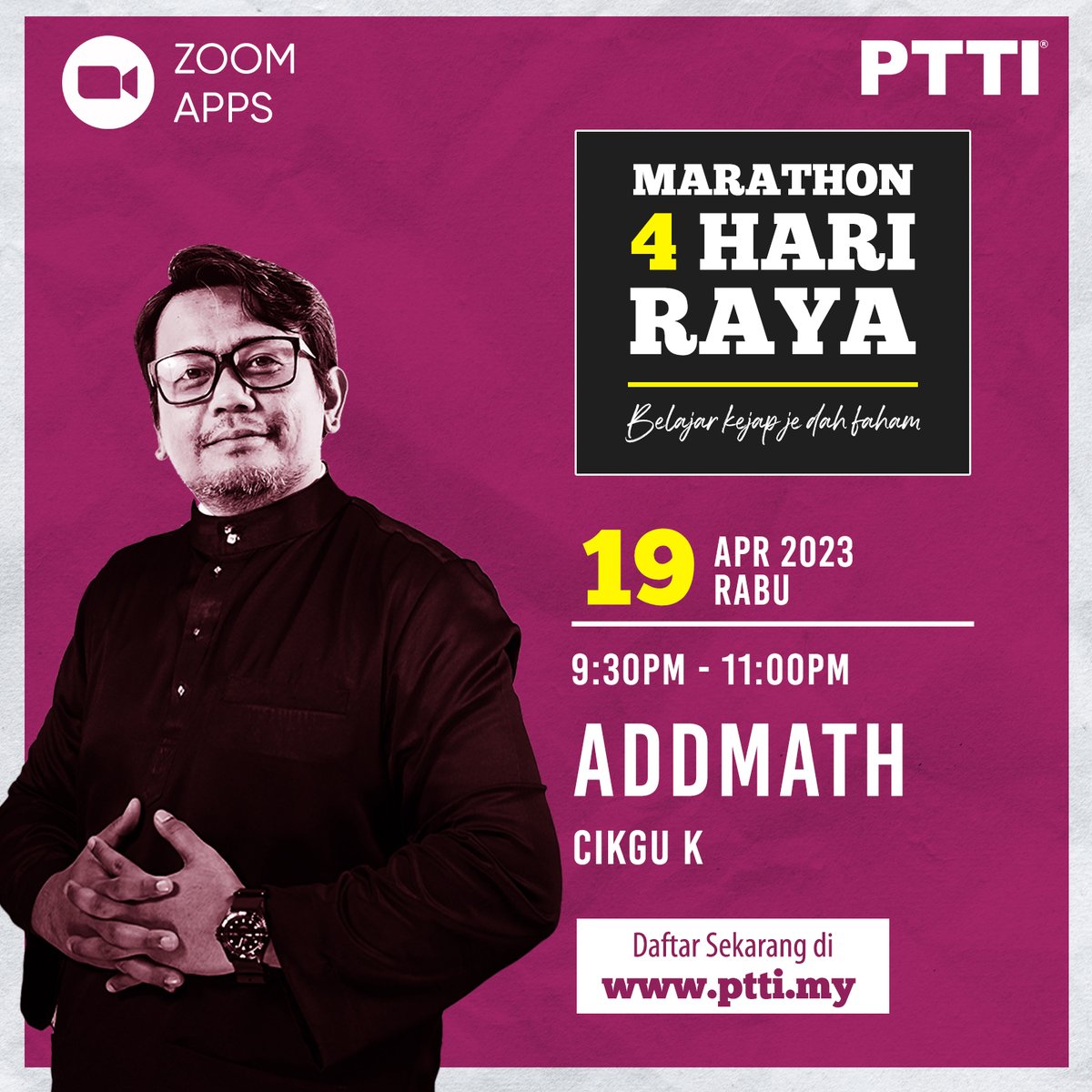PTTIOfficial's tweet photo. Sesi Ketiga untuk hari pertama Marathon 4 Hari Raya.

Belajar dan ulangkaji subjek Addmath bersama Cikgu K. Jumpa semua pada jam 9.30 malam ini.

Dapatkan akses Zoom secara Percuma dengan klik link ini https://t.co/DZF6IALv1u https://t.co/2pEC897fsq