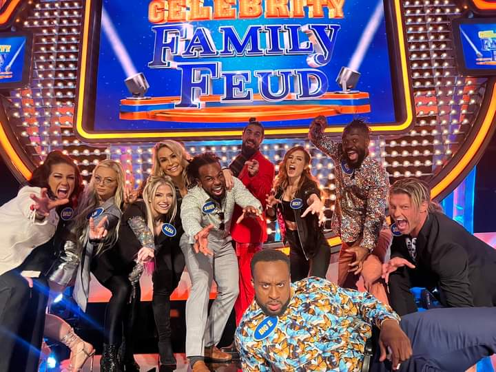 WrestlDaily's tweet photo. WWE Superstars have recently filmed an episode of Celebrity Family Feud.

WWE Women vs. WWE Men. The women that will be playing are Alexa Bliss, Bayley, Becky Lynch, Liv Morgan, and Natalya. The men it will be Xavier Woods, Kofi Kingston, Big E, Seth Rollins, and Dolph Ziggler. https://t.co/rDyB9DZdxX