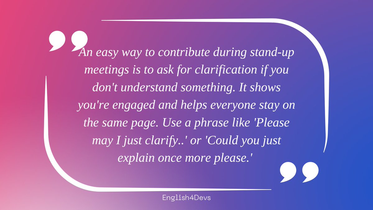 James_Eng_Coach's tweet photo. Stand-up meetings are a crucial part of Agile development. As a dev, it's important to be able to communicate effectively and efficiently with your team. Let's discuss some useful phrases we can use! #ESL #englishfordevs #eslfordevelopers https://t.co/dp3GrSEUMm