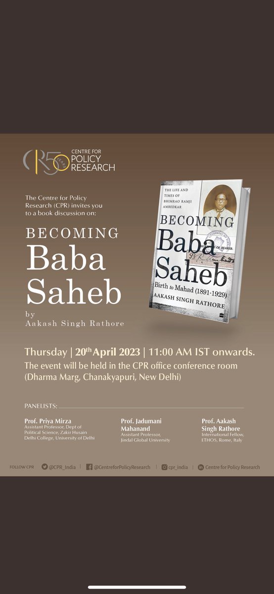 ASR_Metta's tweet photo. Delhiites, Ambedkarites, &amp; anyone interested in making new discoveries about the life and times of #BabasahebAmbedkar: join @jadumanilion &amp; me at @CPR_India on April 20, 11am, to discuss #BecomingBabasaheb, my #newbook, a #Biography of #ambedkar just published by @HarperCollinsIN https://t.co/azhLAvUtGF