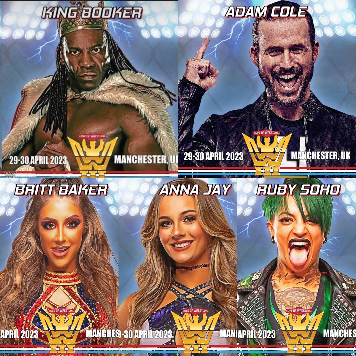 JoeScottMFC's tweet photo. Well thatβs my Photo Ops Sorted for @ftlowrestling on April 29th in Manchester @BookerT5x, @AdamColePro, @RealBrittBaker, @annajay___ & @realrubysoho #AEW #WWE #WCW #FTLOWrestling https://t.co/LaX28samp5