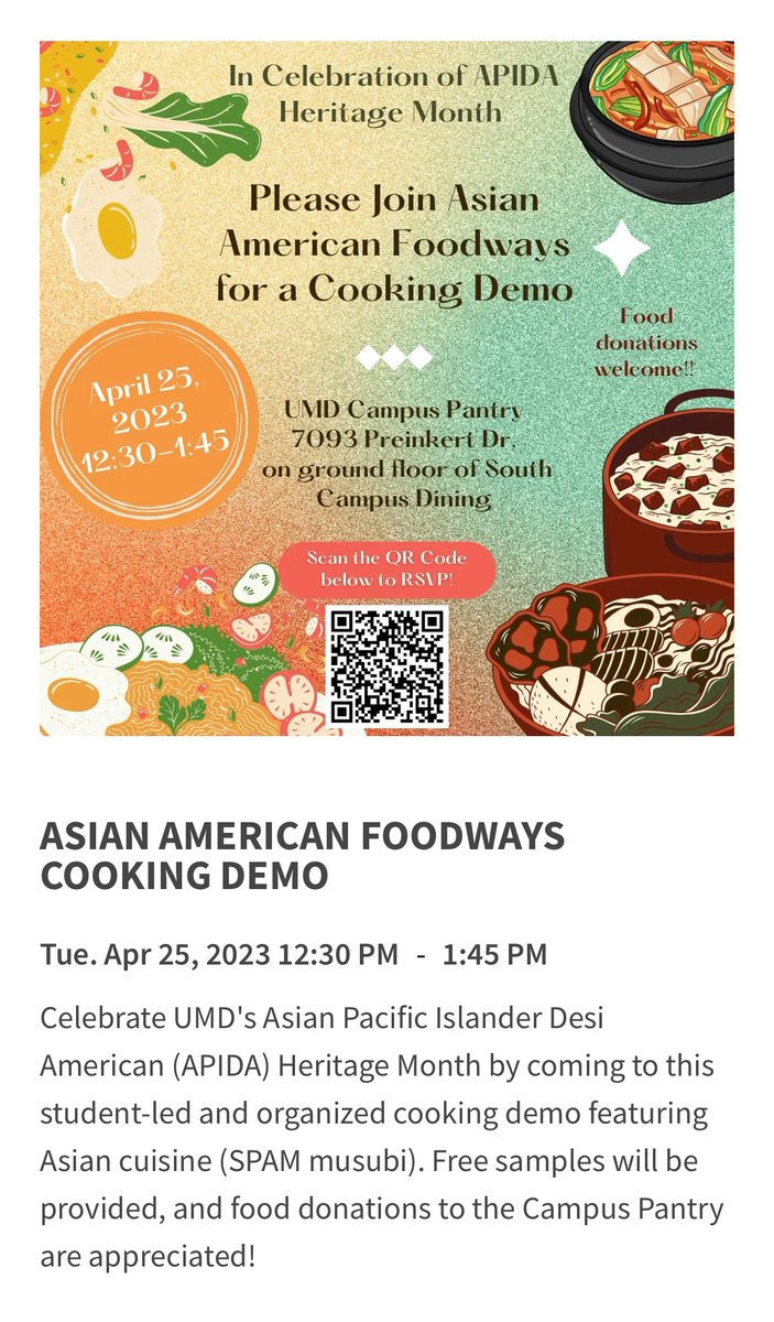Led by my Asian American Foodways students! Cooking demo &amp; food drive if you’re in the area…🫶🏼