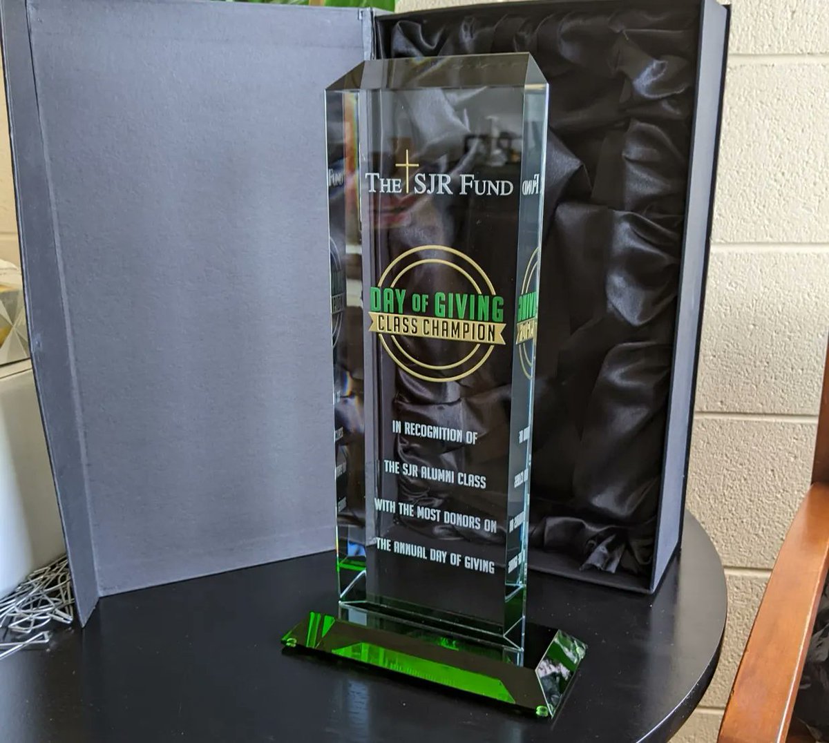 SJRHighSchool's tweet photo. SJR ALUMNI - The class with the greatest number of donors to the 2023 Day of Giving tomorrow will be awarded this trophy. Who will dethrone last year's winner, the Class of '94? Early donations are welcome at https://t.co/vpyUioDLD9 - #SJRDayofGiving #SJRPride #ForTheBoys https://t.co/Uq8brRpEVE