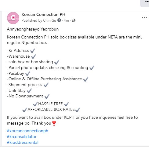KconnectionPH's tweet photo. Annyeonghaseyo Yeorobun
Korean Connection PH solo box sizes available under NETA are the mini, regular & jumbo box.
If you want to avail box under KCPH or you have inqueries feel free to message po. Thank you.
#krconsolidator
#kraddressrental
#kraddress
#krwarehouse
#boxconsol https://t.co/haXiyesdB7