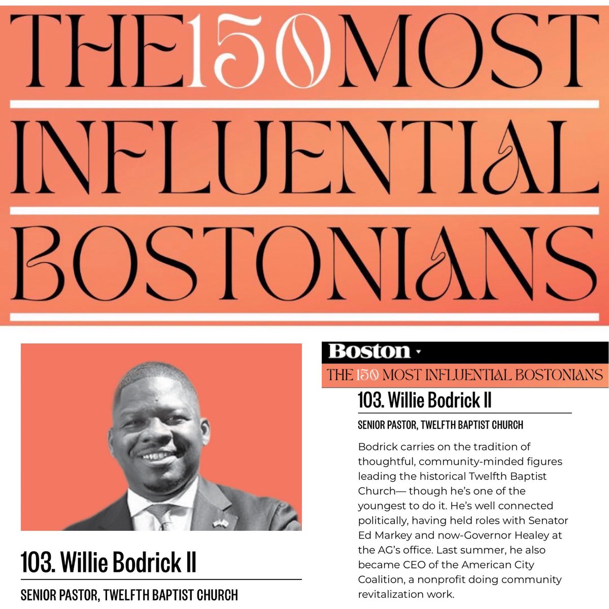 Rev. Willie Bodrick II (@willbeamer) on Twitter photo I am humbled and honored to be named to <a href="/bostonmagazine/">Boston Magazine</a>’s The 150 Most Influential Bostonians list for 2023. I’ve been listed among so many colleagues and even friends who are working to serve and lead our great city in so many diverse ways!
bostonmagazine.com/boston-power-l… I am humbled and honored to be named to <a href="/bostonmagazine/">Boston Magazine</a>’s The 150 Most Influential Bostonians list for 2023. I’ve been listed among so many colleagues and even friends who are working to serve and lead our great city in so many diverse ways!
bostonmagazine.com/boston-power-l…