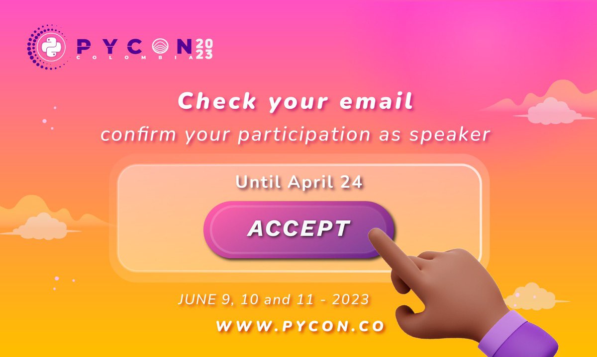 calidevco's tweet image. RT pyconcolombia "📣 Did you already check your email inbox? 📣
We already send you the results of the PyCon Colombia 2023 CFP!
Confirm your participation as Speaker! 
#PyConColombia2023 #CFP #PythonColombia #Pythoncode #Pythonconference #Programmer… https://t.co/5ExUHMkYuP"